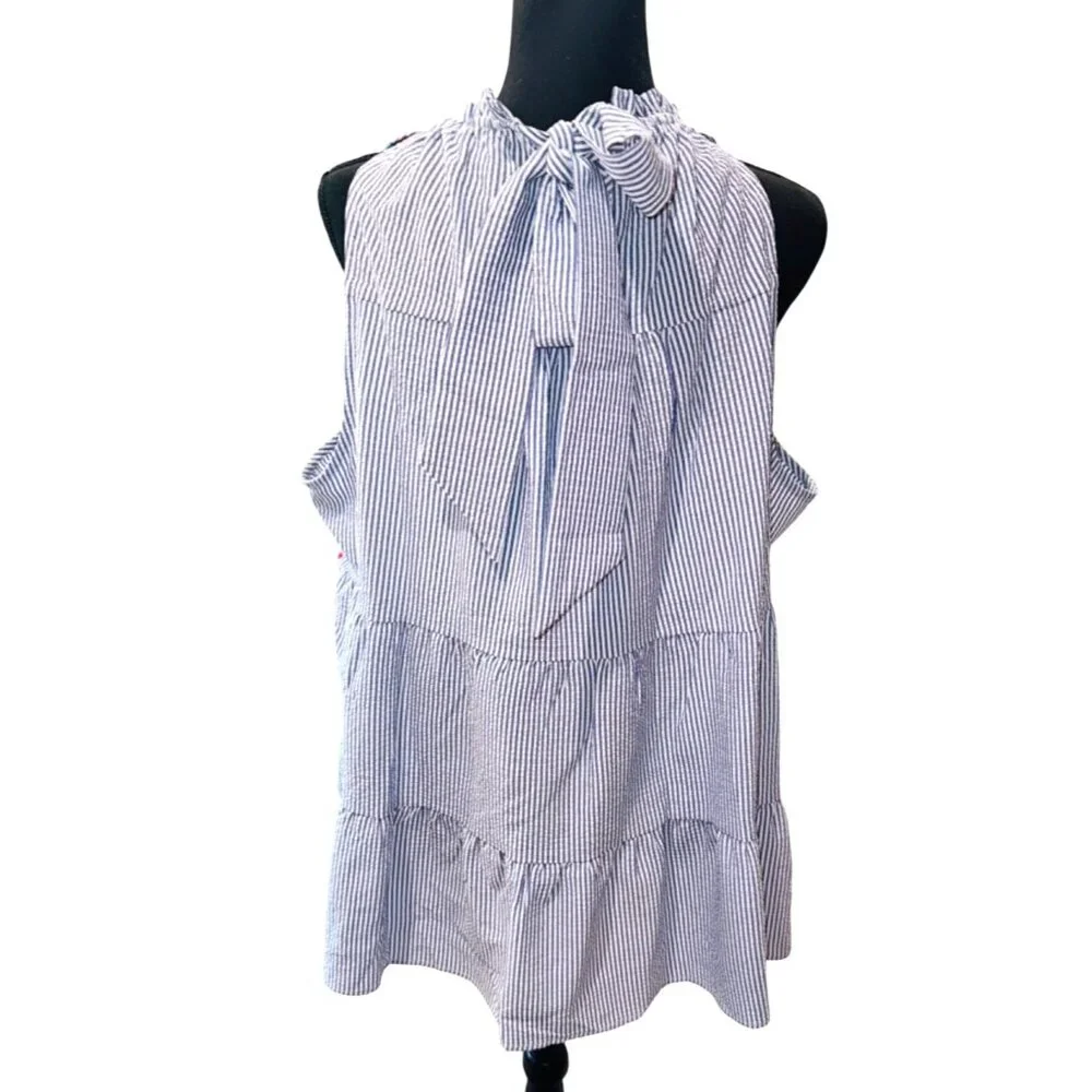 Savanna Jane Blue White Striped Sleeveless Top Embroidery Bow 1X Beach Resort - Picture 3 of 8